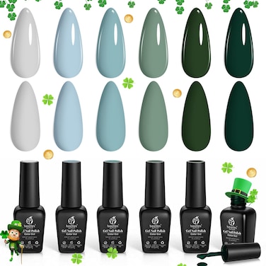 Beetles Gel Nail Polish Set, Spring Green Gel Polish Set 6 Colors Dark Green Gray Blue Baby Blue Gel Polish Green Misty Soak Off Uv Gel DIY Home Nails Gifts for Girls