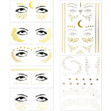 7 Sheets Face Metallic Tattoo Stickers Gold Face Temporary Tattoos Freckle Sticker for Women Girls Halloween Make Up Cosplay (15 Styles)