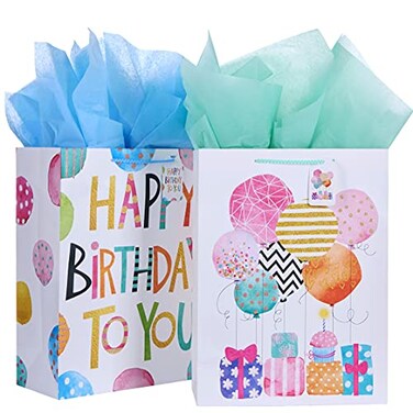 SUNCOLOR 16" Extra Large Gift Bags for Birthday Party with Tissue Paper(2 Pack, Balloon)