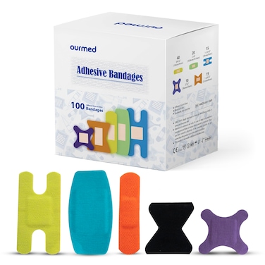 Ourmed Flexible Fabric Bandages with Non-Stick Pad, Latex Free, Rainbow Colors Adhesive Bandage First Aid Wound Care for Cuts, Scrapes, Blisters, Assorted Sizes, 100 Count, HSA FSA Eligible