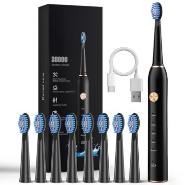 AJELU Sonic Electric Toothbrush for Adults, IPX7 Waterproof Sonicare 38000VPM, Fast Charge Long Last with Intelligent Time Reminder 5 Optional Modes Dupont Brush Heads, Black