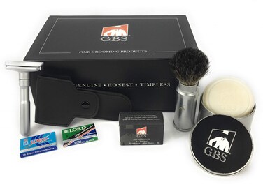 G.B.S Men's Futur Adjustable DE Safety Razor with Badger Brush, Chrome Brush and Alum block, leather case, Ocean Driftwood Shave Soap + Tin w/Lid and blades!