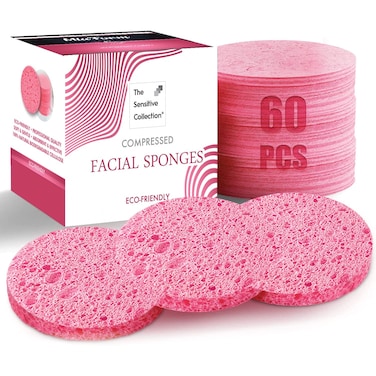 60-Count Compressed Facial Sponges, 100% Natural Cosmetic Spa Sponges for Facial Cleansing, Exfoliating Mask (Pink Round)
