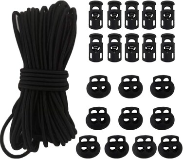 20pcs Plastic Cord Locks with 1/8-Inch 50ft Elastic Cord Heavy Stretch Round String, 10Pcs Sing-Hole, 10pcs Double-Hole Spring Toggle Stopper Slider Black (3mm-Black)