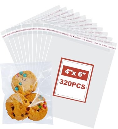 Cookie Bags 4x6 Inch,320 Pcs Clear Cellophane Bags for Packaging Cookies &amp; Treats - Self-Sealing,Plastic Wrappers for Bakery Packaging and Gifts