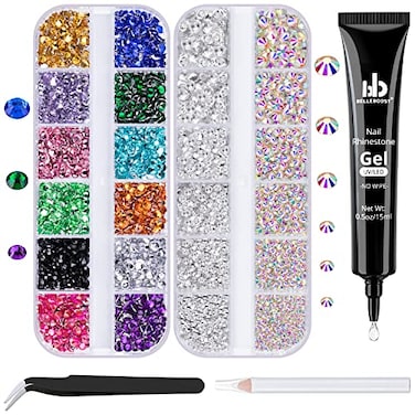 BELLEBOOST Nail Art Rhinestone Glue Gel&amp;2 Boxes Flatback Gems Kit, 1 Tube of 15ml Rhinestone Gel Glue+Colorful Gems+Flat Back Round Glass Crystal AB&amp;Clear Gemstones with Pickup Tools