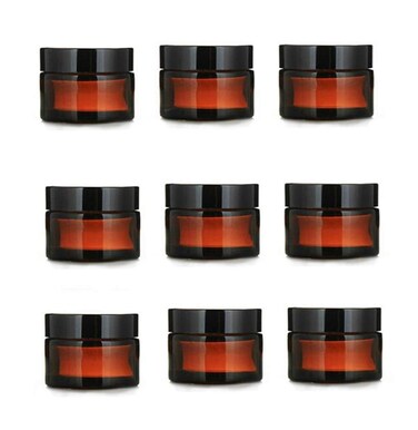 Healthcom 10 Pcs 15g/15ml Amber Glass Cosmetic Jars Empty Refillable Round Vials Pot Travel Containers Bottles Lotion Face Cream Makeup Containers with Liners Lids for Salve Cream Lip Balm Lotion