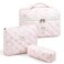 3 Piece Cute Pink Bow Quilted Makeup Bag Set, Large Capacity Travel Makeup Bags for Women and Girls, Includes Small, Medium, and Extra Large aesthetic makeup&amp;Cosmetic Bags