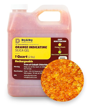 Dry &amp; Dry" [1 Quart Premium Orange Indicating Silica Gel Desiccant Beads(Industry Standard 3-5 mm) - Rechargeable Silica Gel Beads(2 LBS)