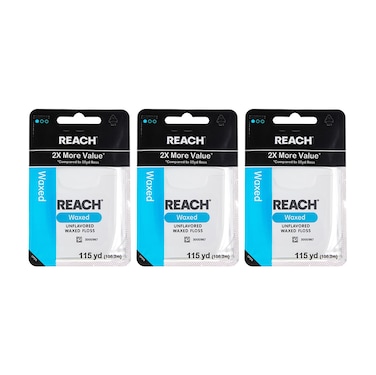 REACH Waxed Dental Floss, Unflavored, 2X More Value, Plaque Remover for Teeth, Shred Resistant, Floss Slides Smoothly, Easy to Use, Waxed, for Adults &amp; Kids, Oral Care, PFAS Free, 3 Pack, 115 yd
