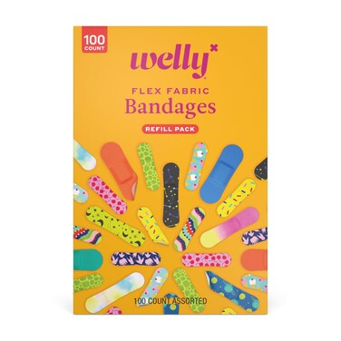 Welly Bravery Badge Value Pack   Adhesive Flexible Fabric Bandages   Assorted Shapes and Patterns for Minor Cuts, Scrapes, and Wounds - 100 Count