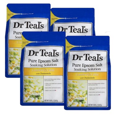 Dr. Teal's Comfort &amp; Calm Bath Soak Gift Set (4 Pack, 3lbs Ea.) - Chamomile Essential Oils Blended with Pure Epsom Salt - Calm Your Mind &amp; Body, Ease Aches &amp; Pains - at Home Spa Kit
