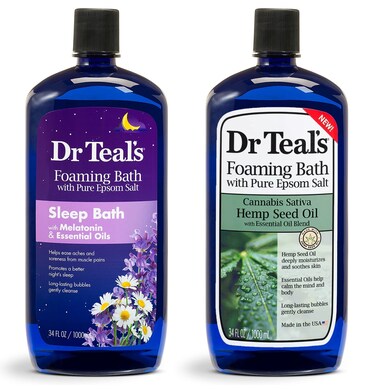 Dr. Teal's Foaming Bath Variety Gift Set (2 Pack, 34oz Ea.) - Hemp Seed Oil with Essential Oil Blend, Melatonin Nighttime Sleep Soak - Essential Oils Blended with Pure Epsom Salt Eases Pain &amp; Stress