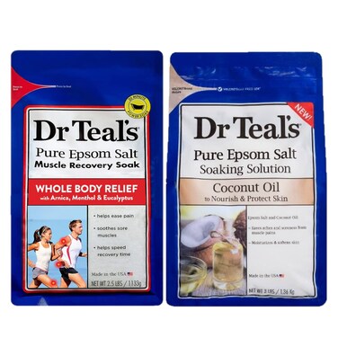 Dr. Teals Epsom Salt Soak Variety Gift Set (2 Pack, 5.5lbs Total) - Muscle Recovery Soak with Arnica &amp; Menthol, Nourish and Protect Coconut Oil - Treat Skin and Relieve Sore Muscles - at Home Spa Kit
