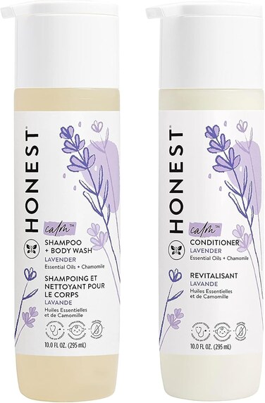 The Honest Company Silicone-Free Conditioner &amp; 2-in-1 Cleansing Shampoo + Body Wash Duo   Gentle for Baby   Naturally Derived   Lavender Calm, 20 fl oz