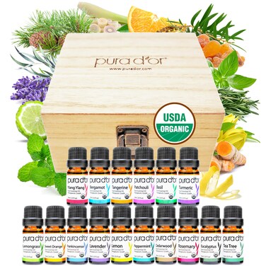 PURA D'OR Organic Sweet16 Essential Oils Set - 16x 10mL Wood Box Aromatherapy Gift Set - 100% Pure Therapeutic Grade for Relaxation and Wellness (Lavender, Rosemary, Turmeric, Ylang Ylang &amp; More)