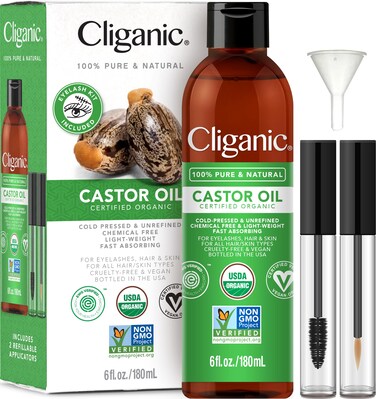 Cliganic Organic Castor Oil, 100% Pure (6oz with Eyelash Kit)