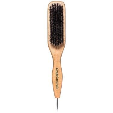 GranNaturals Smoothing &amp; Styling Middle Part Boar Bristle Slick Back Hair Brush w/Narrow Metal Rat Tail End for Sectioning and Parting Sleek Ponytail Bun - Teasing, Backcombing, Edge Control