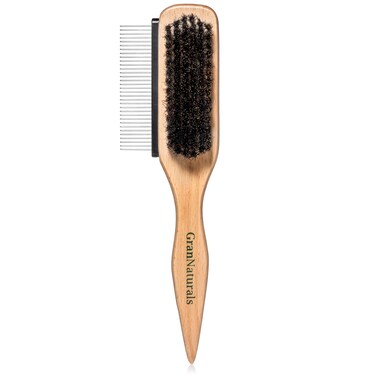 GranNaturals Boar Bristle Slick Back Hair Brush w/Comb for Smoothing Sleek Ponytail Bun - Wide Rat Tail &amp; Metal Comb Hairbrush for Parting, Teasing, Backcombing, Sectioning, Edge Control, Flyaways