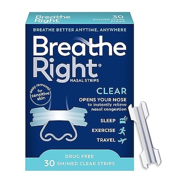 Breathe Right Original Nasal Strips   Clear   Sm/Med   For Sensitive Skin  Drug-Free Snoring Solution &amp; Nasal Congestion Relief Caused by Colds &amp; Allergies   30 ct (Packaging May Vary)