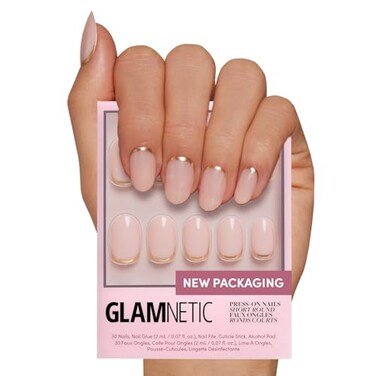 Glamnetic Press On Nails - Goal Digger   Glossy, Semi-Transparent, Short Round Nails, Reusable   12 Sizes - 30 Nail Kit with Glue