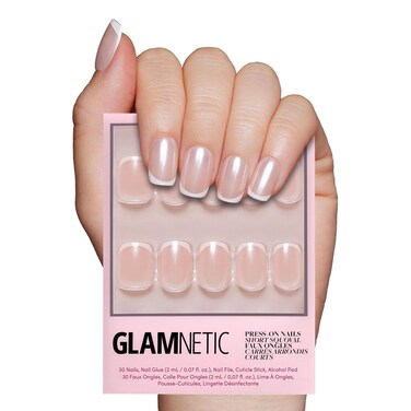 Glamnetic Press On Nails - La Perle   Squoval White Nails with French Tips, Reusable Stick On Fake Nails with Glue   Salon Quality   15 Sizes - 30 Nail Kit