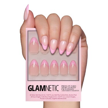 Glamnetic Press On Nails - Pink Macaron   Semi-Transparent Pastel Light Pink French Tip Short Almond False Nails, Reusable Stick On Fake Nails with Glue   Salon Quality   15 Sizes - 30 Nail Kit