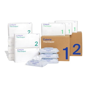 Coterie Baby Diapers + Wipes Baby Kit, Size 1 (99 Count) Size 2 (186 Count) 4 Wipe Packs (224 Wipes) Made with Plant Derived Fibers, Hypoallergenic, Designed for Sensitive Skin, Clean Ingredients