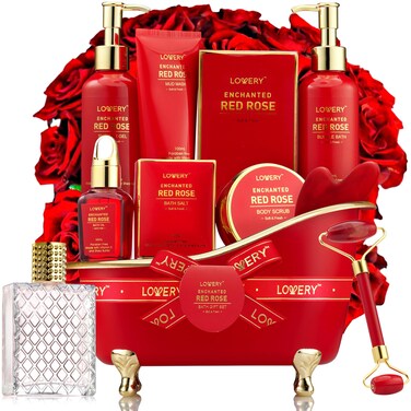 Valentines Day Gifts for Her, Red Rose Valentine Spa Gift Basket Relaxation Gifts for Women, Bath and Body Gift Set Pampering for Mom Birthday With Perfume, Jade Roller, Quartz Gua Sha Stone &amp; More