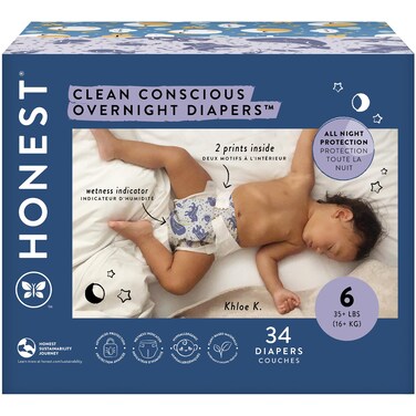 The Honest Company Clean Conscious Overnight Diapers   Plant-Based, Sustainable   Cozy Cloud + Star Signs   Club Box, Size 6 (35+ lbs), 34 Count