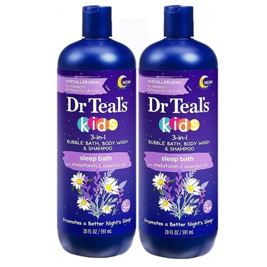 Dr. Teals Kids 3 in 1 Foaming Bath Gift Set (2 Pack, 20oz Ea) - Kids 3 in 1 Bubble Bath, Body Wash &amp; Shampoo with Melatonin &amp; Pure Epsom Salt - Essential Oils Nourish Skin - Hypoallergenic Formula