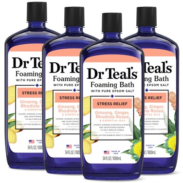 Dr Teal's Foaming Bath with Pure Epsom Salt, Stress Relief with Ginseng &amp; Ginger, 4 Count - 136 fl oz Total