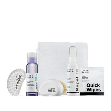 Jason Markk Starter Box, Shoe Cleaning Kit, 5-Piece Set, Deep Cleaning Solutions, Two Brushes, &amp; Microfiber Towel, Sneaker Care, Ideal for Footwear, Safe on Leather, Suede, Nubuck, Cotton, Knits, 2oz