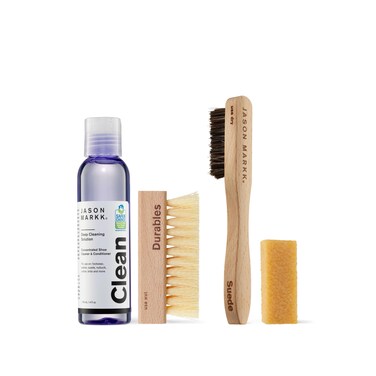 Jason Markk Essential &amp; Suede Kit, Shoe Cleaner, 4-Piece Set, Deep Cleaning Solution, Two Brush, &amp; Stain Eraser, Sneaker Care, Ideal for Footwear, Safe for Leather, Suede, Nubuck, Cotton, Knits, 4oz
