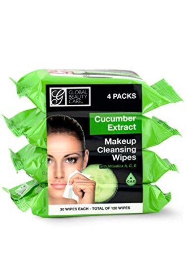 Global Beauty Care Cleansing Makeup Removal Wipes Bulk - Great for travel toiletries - 120 Count (4-Pack) (Cucumber)