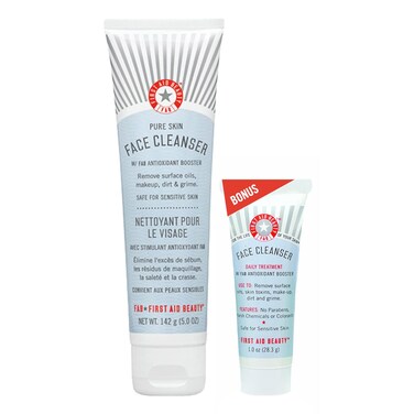 First Aid Beauty - Pure Skin Face Cleanser, Effectively Removes Makeup, Dirt, &amp; Impurities, Gentle Cleanser Leaves Skin Soft &amp; Supple, Safe for Sensitive Skin, Fragrance Free, 5 oz + Travel Size, 2ct