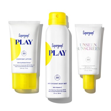 Supergoop! Travel Kit - Includes PLAY Everyday Lotion (2.4 oz) + Unseen Sunscreen (1.7 oz) + PLAY Antioxidant Body Mist (3 oz) - Broad Spectrum Sunscreen for Sensitive Skin - Clean Ingredients