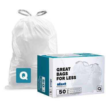 Plasticplace Custom Fit Trash Bags, Compatible with simplehuman Code Q (50 Count) White Drawstring Garbage Liners 13-17 Gallon/ 40-65 Liter 25" x 32.5