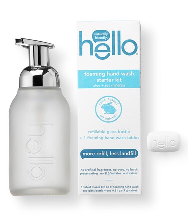 hello Foaming Hand Soap Tablet Starter Kit, Refillable Glass Bottle with 1 Aloe &amp; Sea Minerals Foaming Hand Soap Tablet Refill Hand Soap, Eco Friendly, Plastic-Free, Vegan &amp; SLS Free