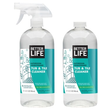 BETTER LIFE Bathroom Cleaner - Tea Tree Bathtub &amp; Shower Cleaner Spray for Glass and Tile - Foaming Mold and Mildew Remover for Tub Works on Hard Water Stains - 32oz (Pack of 2)