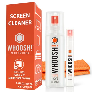 WHOOSH! Laptop Screen Cleaner Spray and Wipe - 3.4 + 0.3 fl oz + 2 Microfiber Cloths - Duo with Large &amp; Travel Size Bottles for Eyeglass Cleaner, Car Screen &amp; Phone Cleaner - iPhone Cleaning Kit