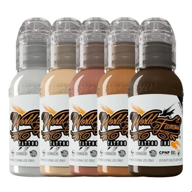 World Famous Portrait Mini Tattoo Ink Pigment Set of 5, Vegan, Professional Supplies, 1oz Bottles, Portrait White, Swiss Skin, King TUT, Venice, Coffee Bean
