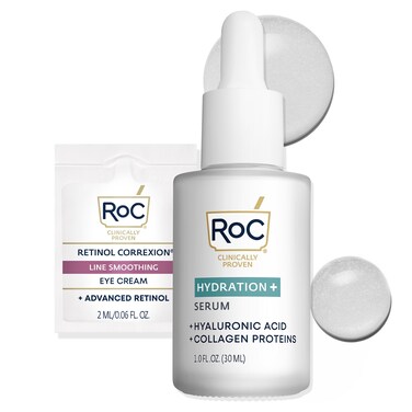 RoC Hydration+ Hyaluronic Acid Serum for Face, Hydrating, Plumping, Fragrance Free, Lightweight Formula with Collagen Proteins (1 Ounce) with Retinol Eye Cream Packette