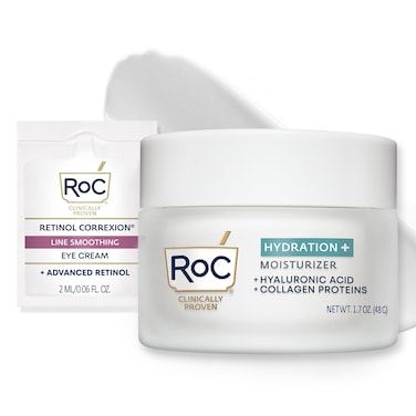 RoC Hydration+ Hyaluronic Acid Moisturizer Face Cream, Hydrating, Smoothing, Fragrance Free Formula with Collagen Proteins (1.7 Ounces) with Retinol Eye Cream Packette