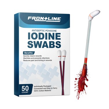 FrontLine Povidone Iodine Swabs, Antiseptic Swabsticks, Iodine Solution, Cleansing Cotton Swab, Individually Wrapped Medical Supplies, Wound Care, First Aid, Wound Cleaner, Box of 50