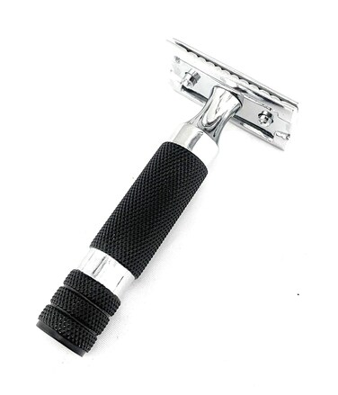 GBS Black Heavy Duty Short Handle Safety Razor - Design Very Tight Tolerances! Chrome Blue Construction, Diamond Pattern, 3 Piece Closed Tooth Design, Comes with Free 10 Blades
