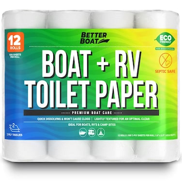 Boat and RV Toilet Paper, Septic Safe Quick Dissolving Tissue, 12 Single Rolls, Biodegradable 2-Ply for Marine, Travel, and Camper Systems, Camping Tank-Safe Bulk Pack