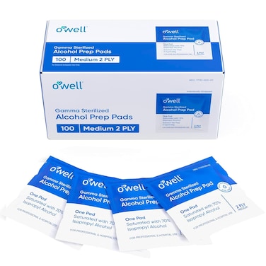 OWELL Alcohol Wipes, Individually Wrapped Alcohol Wipe, Medical &amp; Professional Sterile Alcohol Prep Pads, Medium 2-Ply Medical Alcohol Pad for Cleaning Skin, First Aid Kit Alcohol Swabs (100 Count)