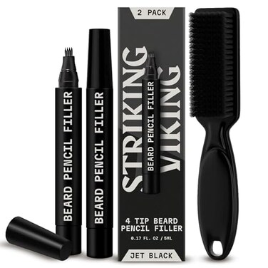 Striking Viking 2 Pack Beard Pencil Filler for Men with 4 Tips (Jet Black) - Fill, Shape &amp; Define with this Long-Lasting, Waterproof Beard Pen Kit Including Brush