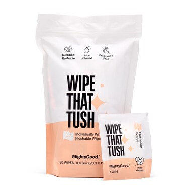 MightyGood. Wipe That Tush On-The-Go Flushable Wet Wipes - 1 Pack, 30 Wipes - Individually Wrapped Extra-Large Wipes with Aloe - Hypoallergenic &amp; Unscented - Septic and Sewer Safe